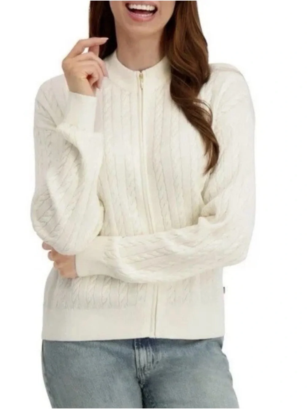 Nautica Jeans Women's Cable Knit Full Zip Sweater - Picture 2 of 7